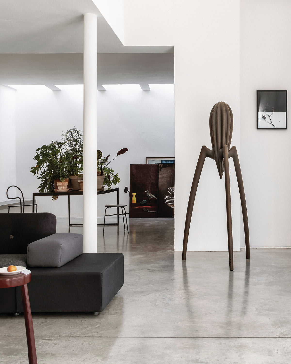 Large dark brown Juicy Salif XXL sculpture by Alessi, with three slender legs and ribbed top, in a modern minimalist interior.
