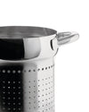 Shiny stainless steel pasta insert by Alessi, with a polished handle and perforated design, close-up.