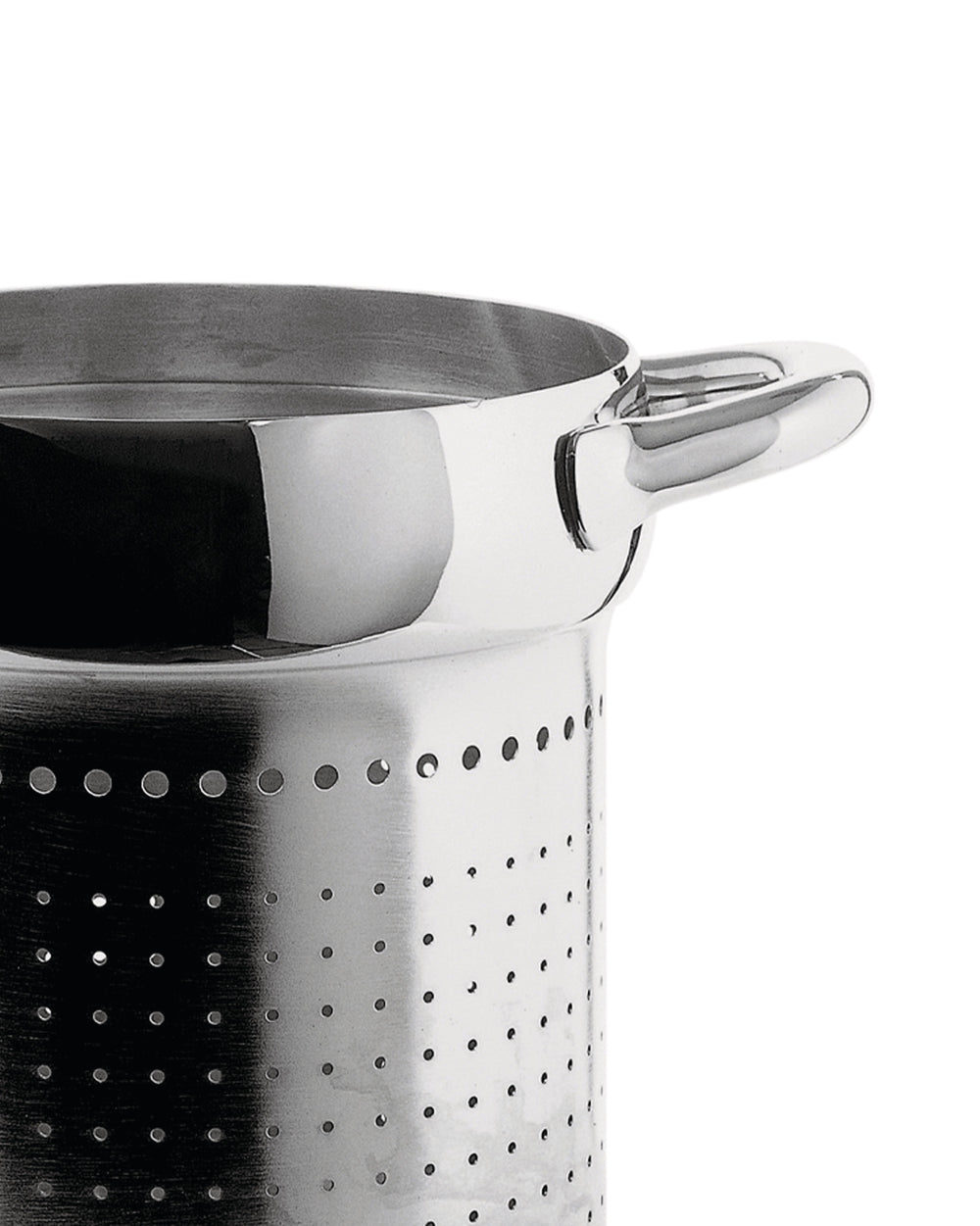 Shiny stainless steel pasta insert by Alessi, with a polished handle and perforated design, close-up.