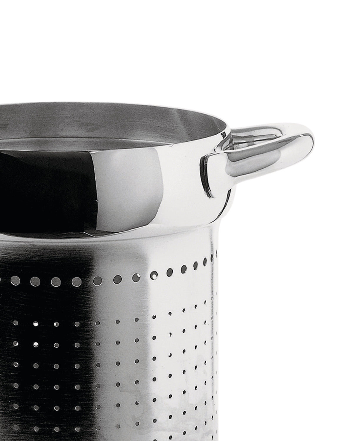 Shiny stainless steel pasta insert by Alessi, with a polished handle and perforated design, close-up.