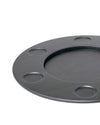 Dark gray wood platter by Alessi with multiple circular wells, angled view.