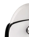 Silver metallic pizza cutter by Alessi with a circular blade and black handle detail, shown cropped.