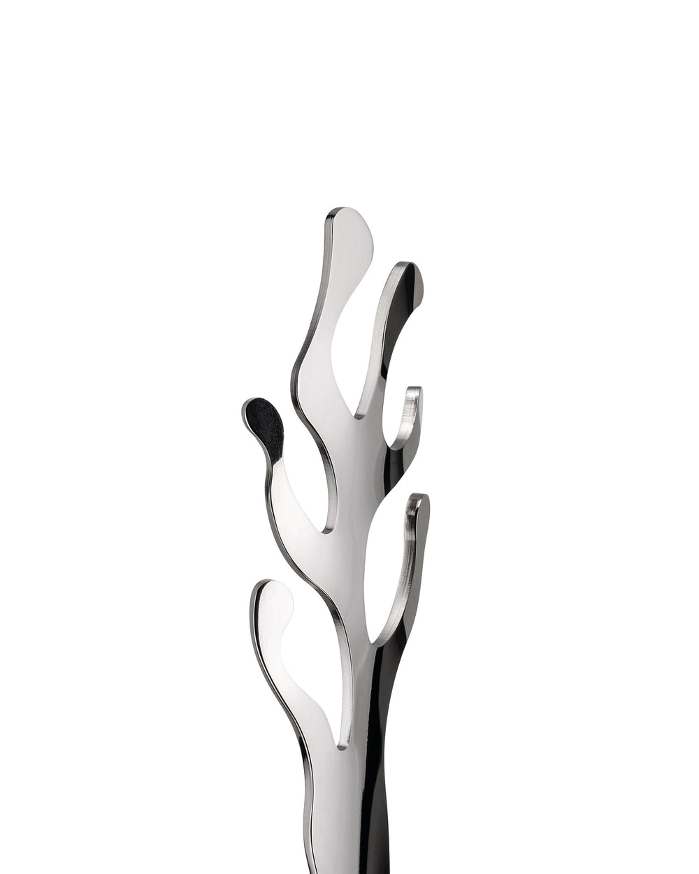 A silver polished metal decorative stand by Alessi with abstract coral-inspired branches, shown in a cropped view.