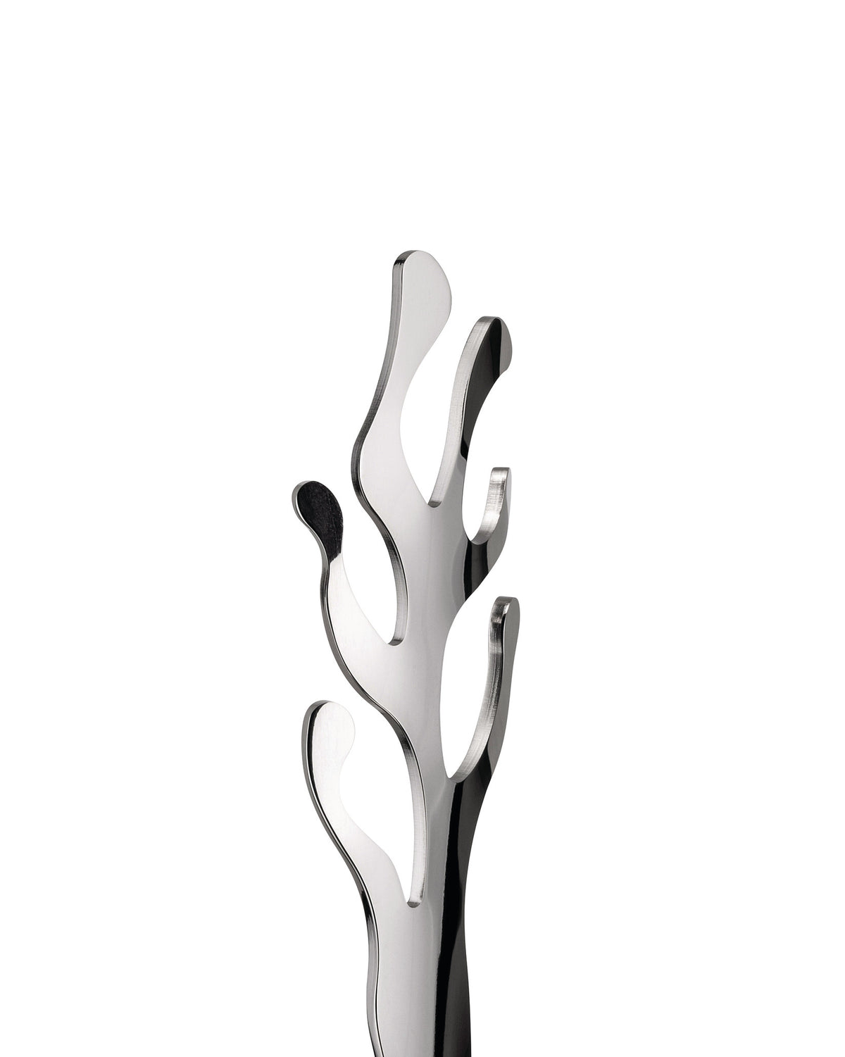 A silver polished metal decorative stand by Alessi with abstract coral-inspired branches, shown in a cropped view.