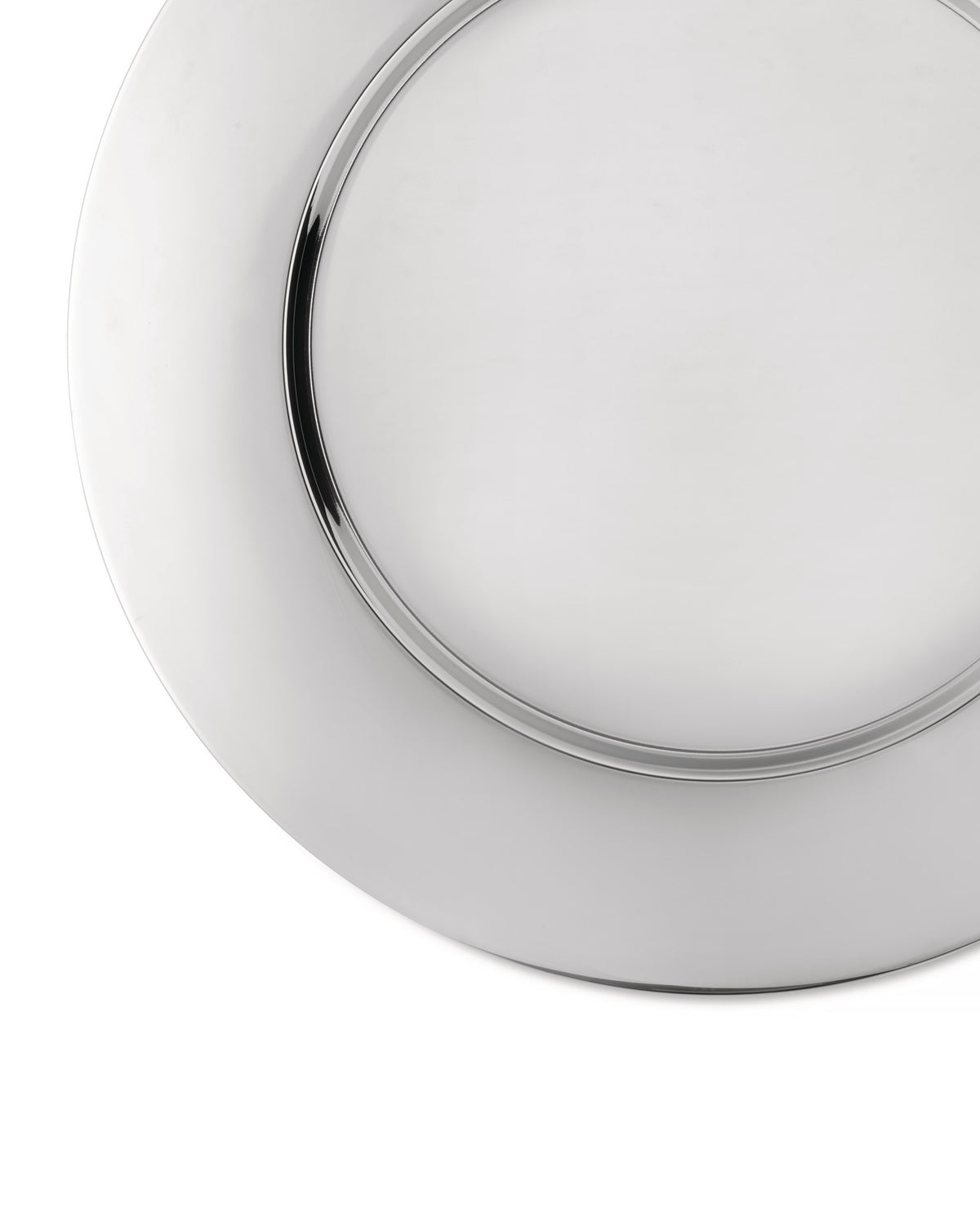 White charger plate by Alessi with a polished silver-colored rim, shown cropped.