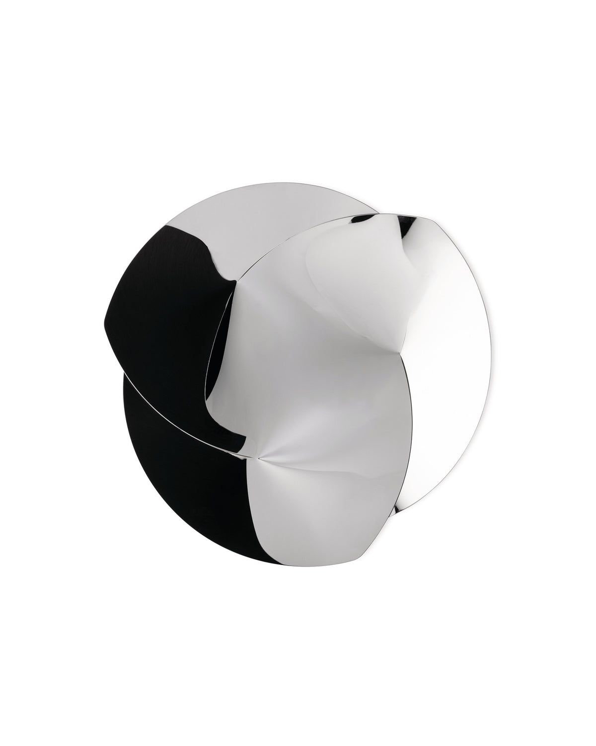 Silver polished metal sculptural centerpiece by Alessi, featuring an intricate, highly reflective, twisted design.