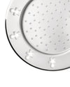 Silver-toned, perforated metal tray by Alessi, with a border of iconic 'little man' cutouts.