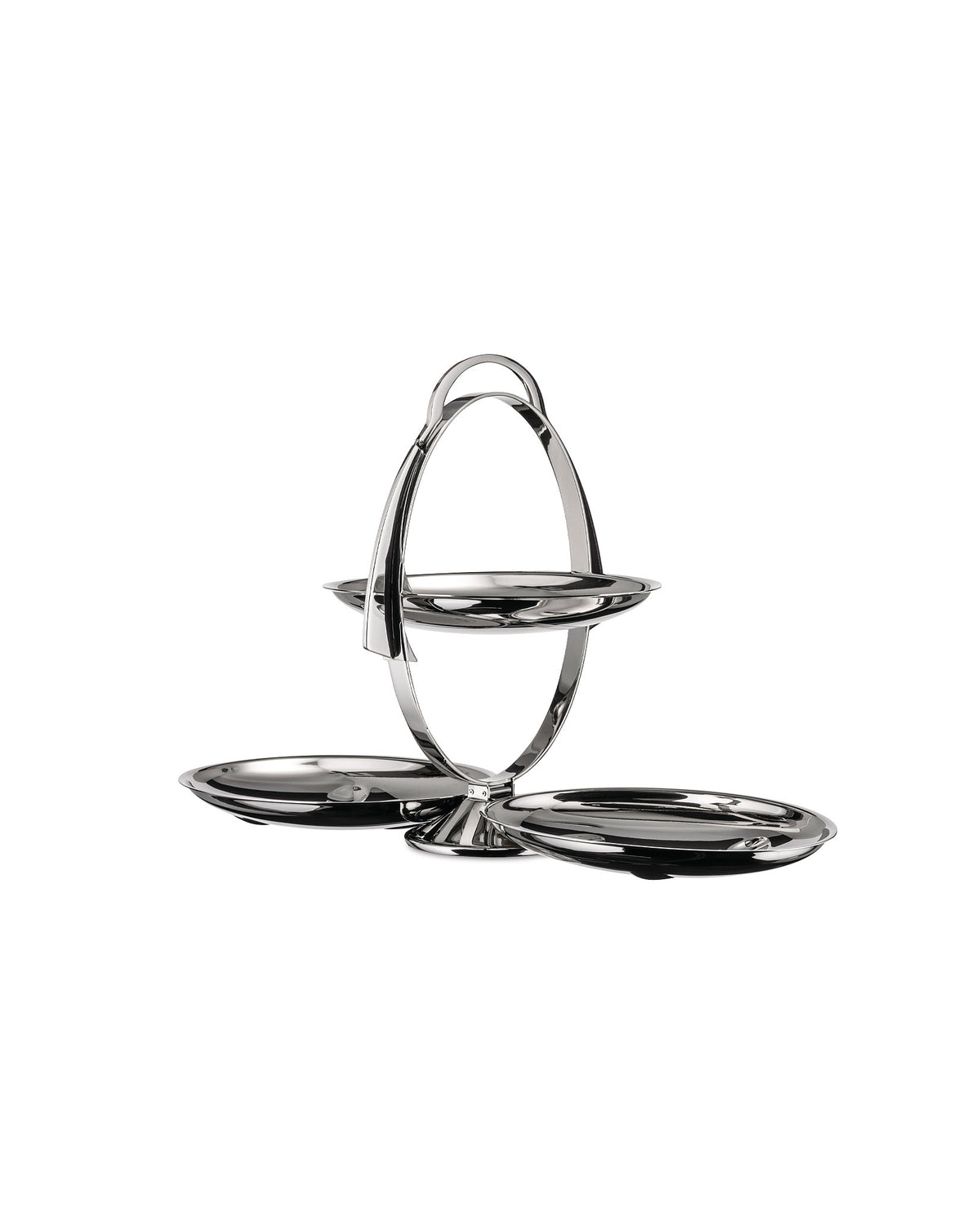Silver-toned folding tiered serving tray by Alessi, with a polished, reflective finish and a top handle.