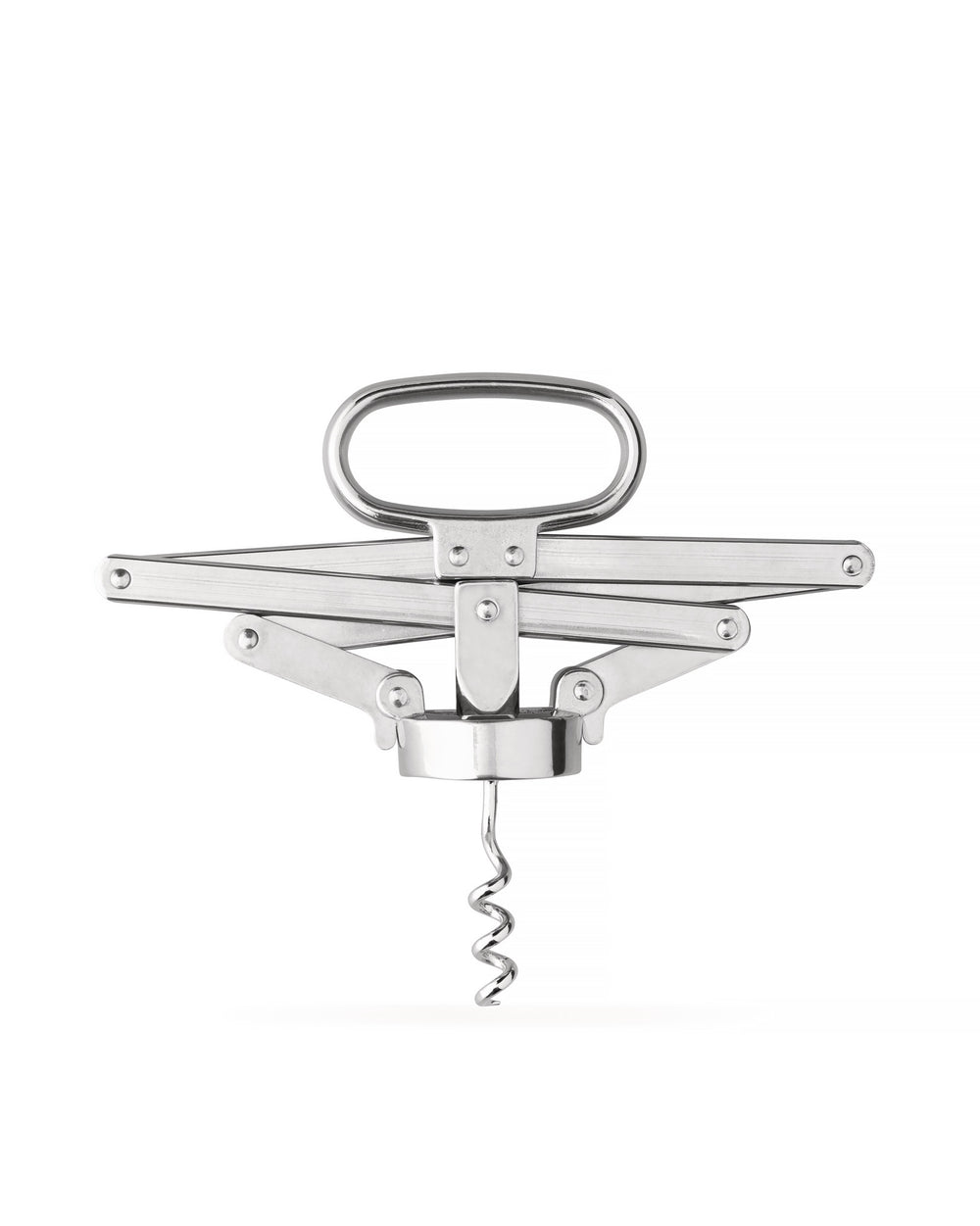 Silver metal lever-style corkscrew by Alessi, isolated on a white background.