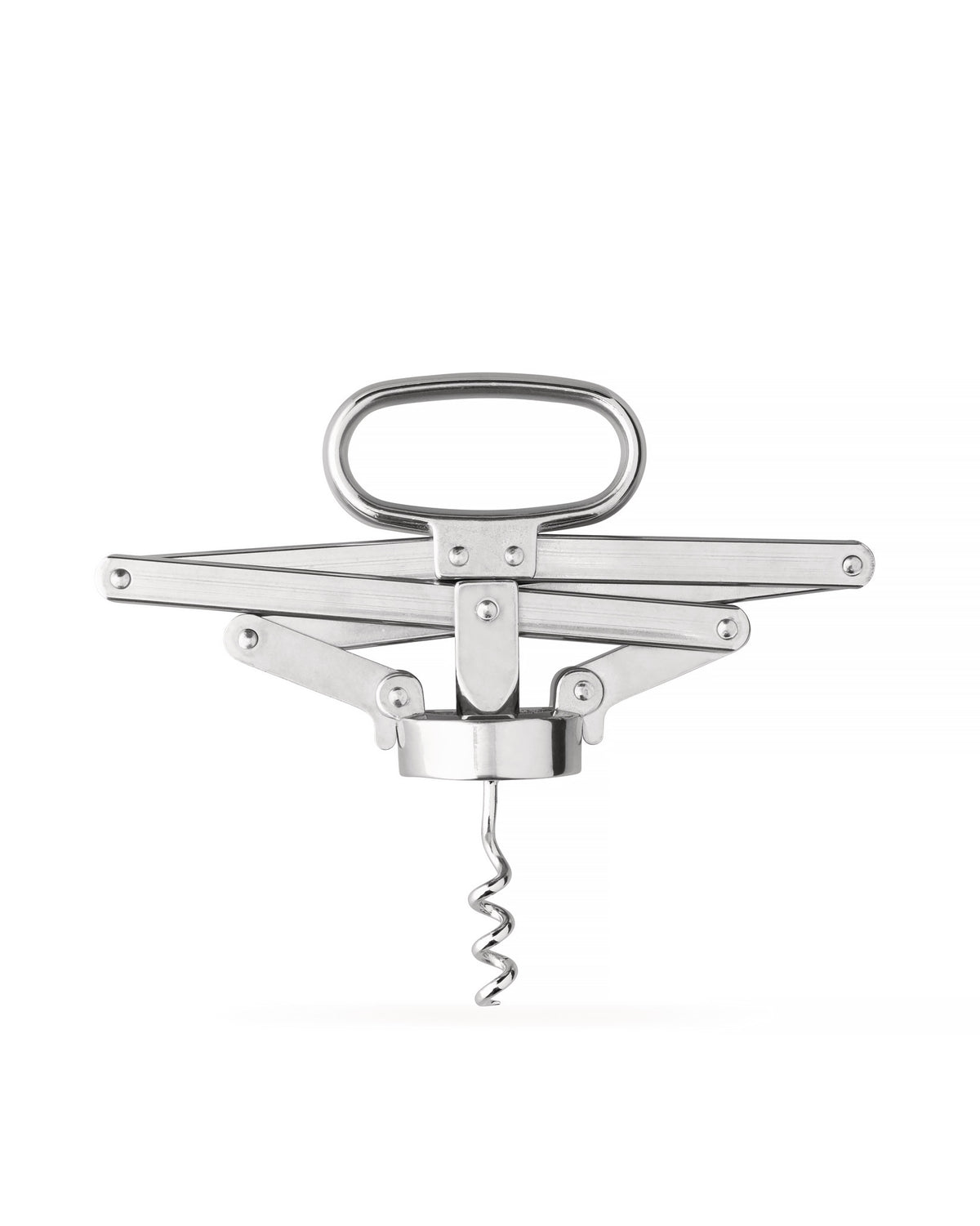 Silver metal lever-style corkscrew by Alessi, isolated on a white background.
