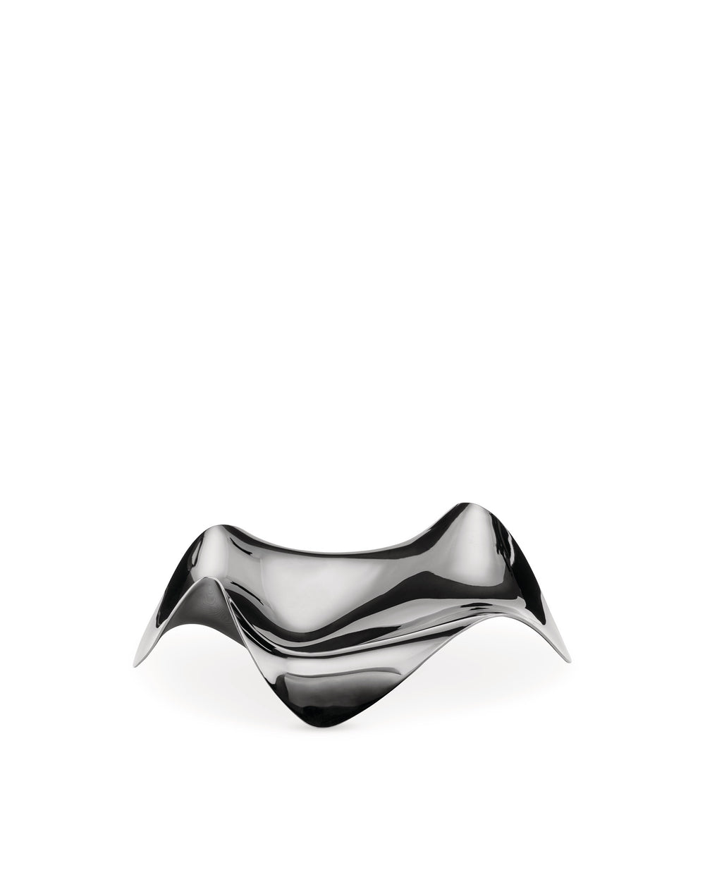 Sculptural polished metal bowl by Alessi with a wavy, reflective surface.