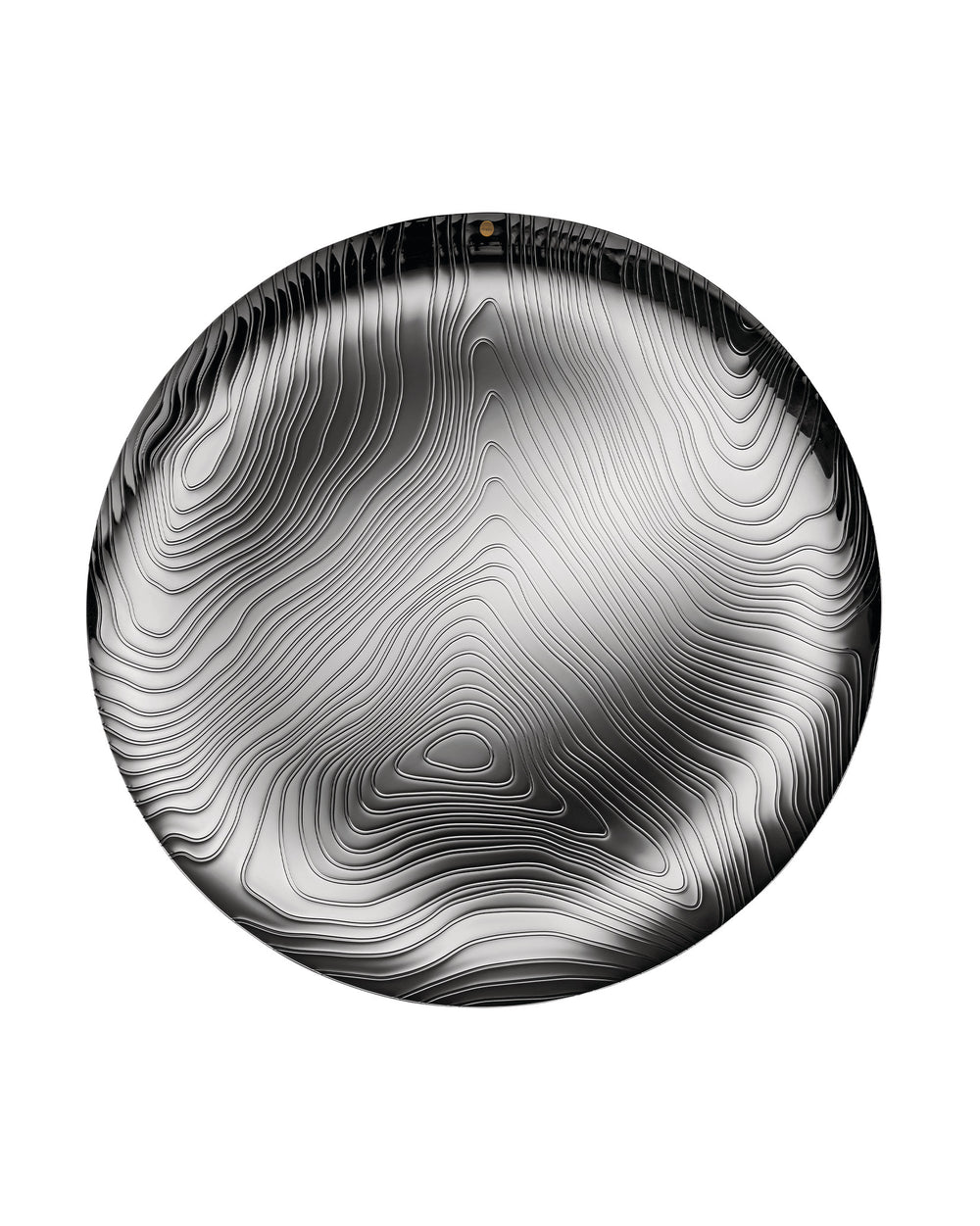 Oval metallic decorative platter by Alessi with a glossy, topographic veneer-like pattern.