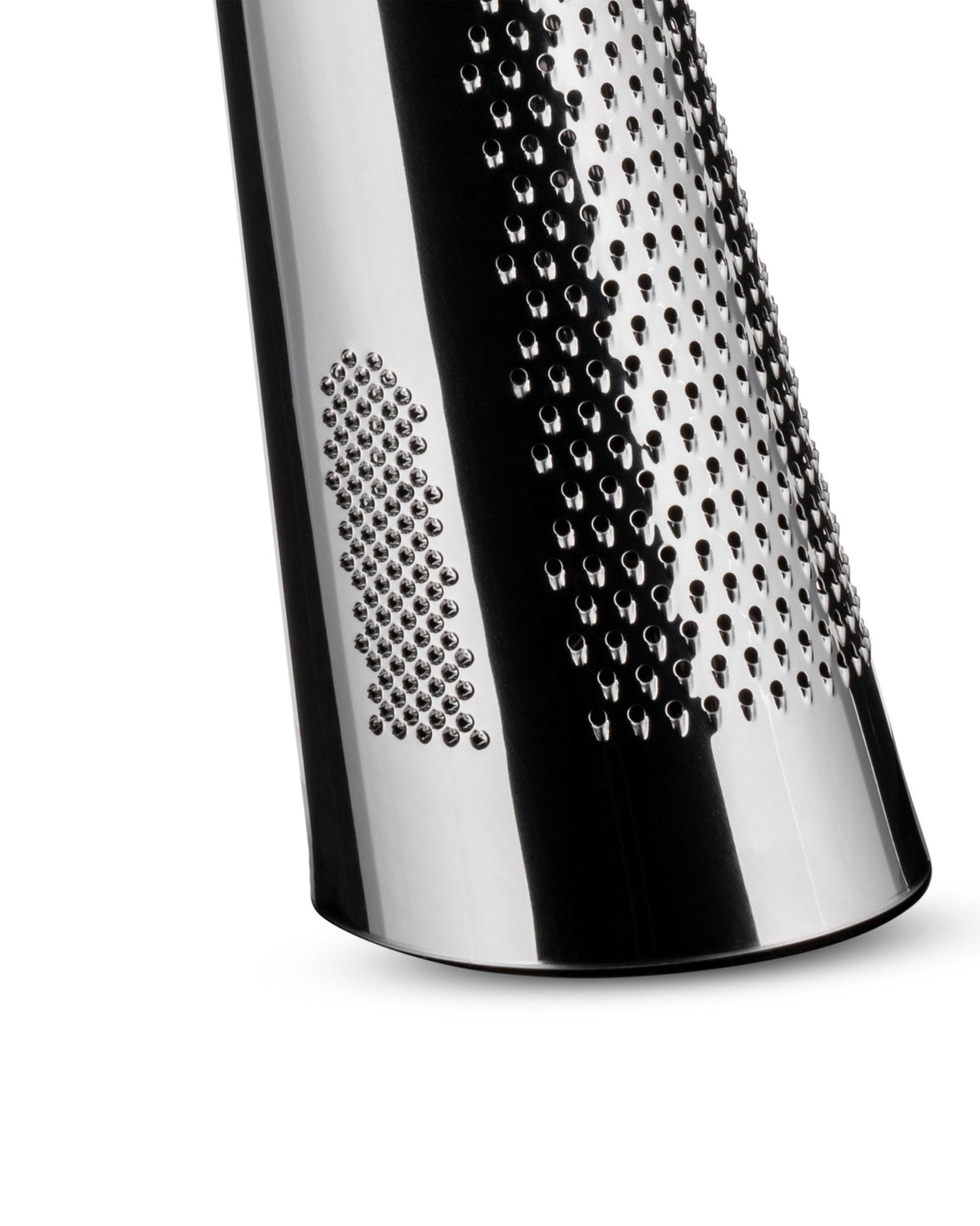 Conical stainless steel grater by Alessi with multiple textures of grating holes, cropped.