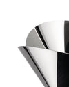 Metallic basket by Alessi with a sculptural, layered design and highly reflective surface.