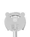 Stainless steel cocktail strainer by Alessi, with a coiled spring and slotted face, close-up.