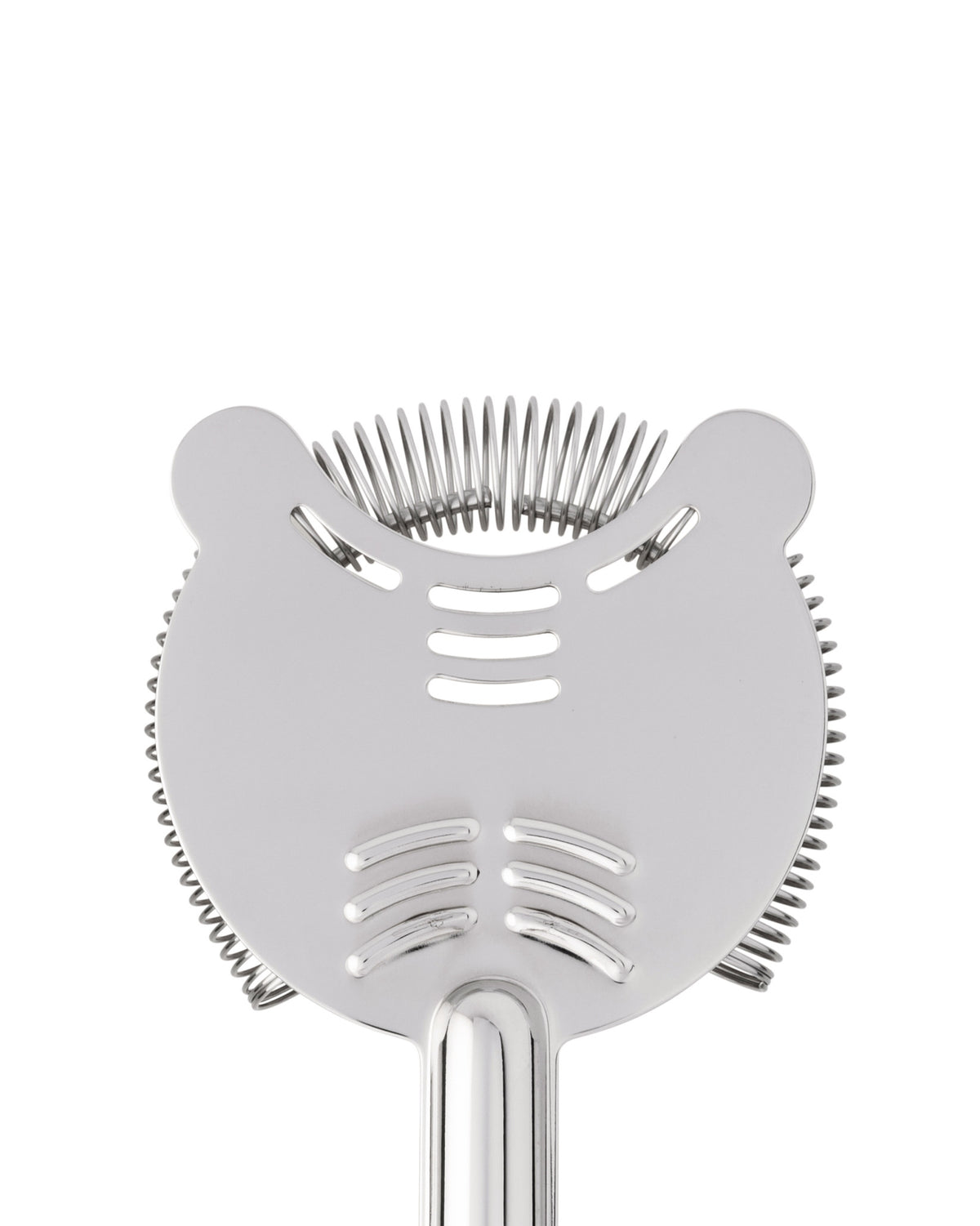 Stainless steel cocktail strainer by Alessi, with a coiled spring and slotted face, close-up.
