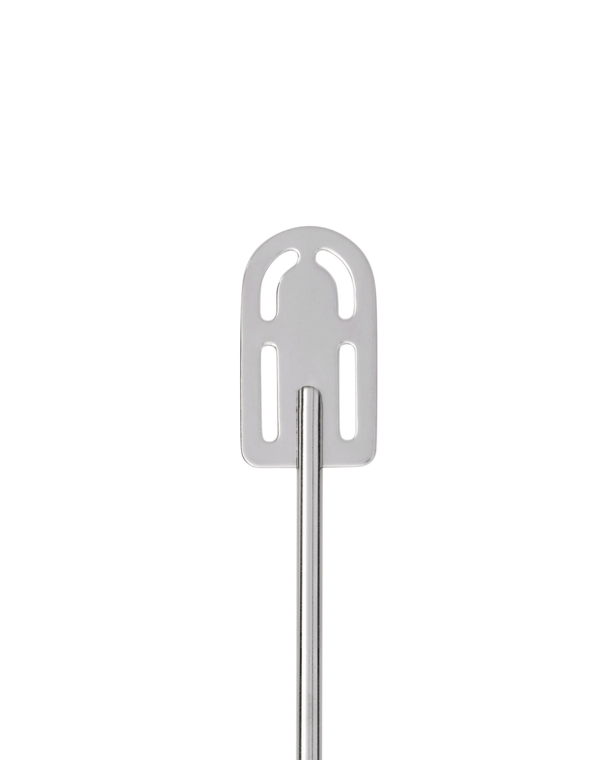 Silver stainless steel milk frother stirrer by Alessi, with a slotted paddle head and rounded top.