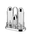 Clear glass and chrome multi-piece oil cruet set by Alessi, featuring four containers on a polished stand with a central handle.