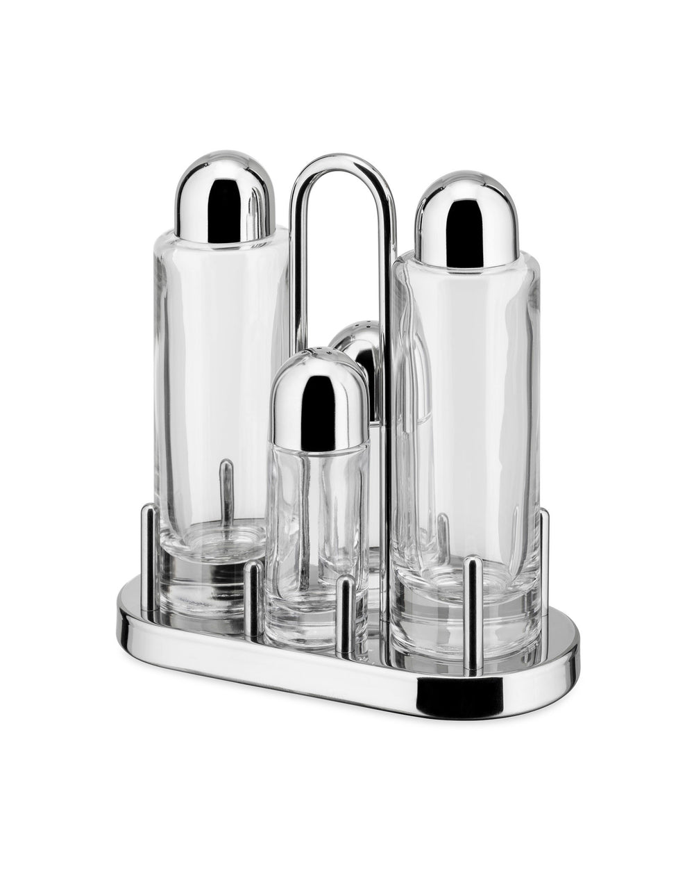 Clear glass and chrome multi-piece oil cruet set by Alessi, featuring four containers on a polished stand with a central handle.