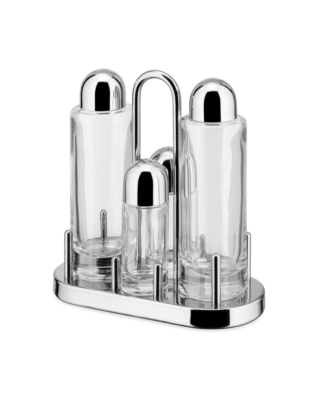 Clear glass and chrome multi-piece oil cruet set by Alessi, featuring four containers on a polished stand with a central handle.