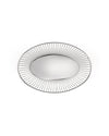Polished silver metal oval bowl by Alessi with a wireframe rim and solid base.