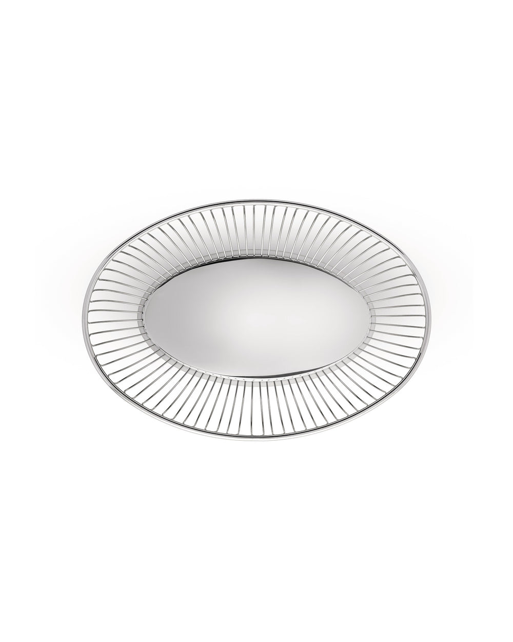 Polished silver metal oval bowl by Alessi with a wireframe rim and solid base.