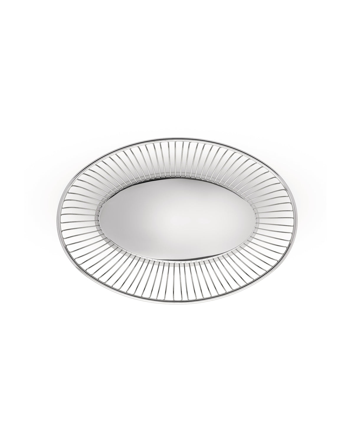 Polished silver metal oval bowl by Alessi with a wireframe rim and solid base.