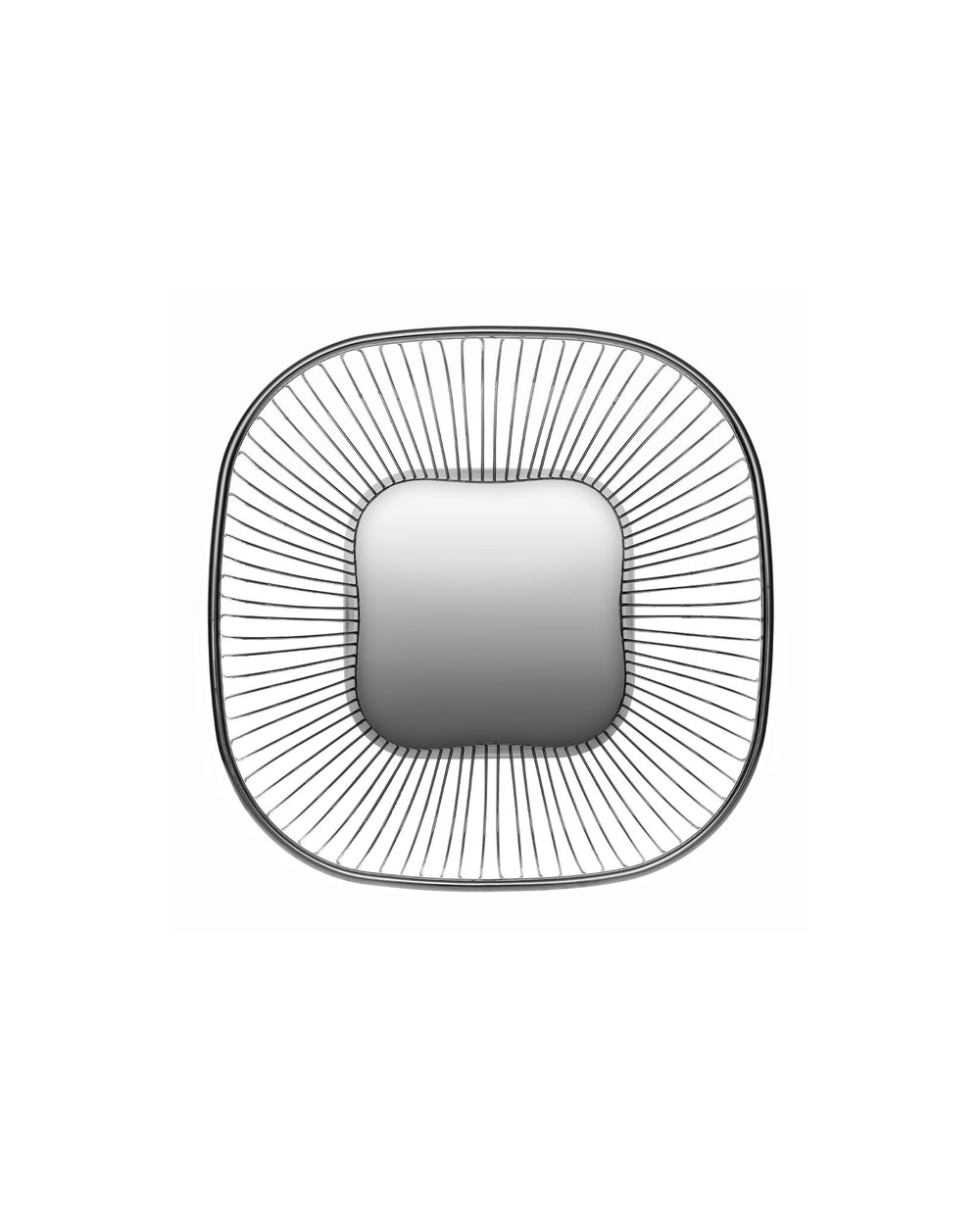 Silver metallic basket by Alessi with a radiating wire frame and rounded square design.