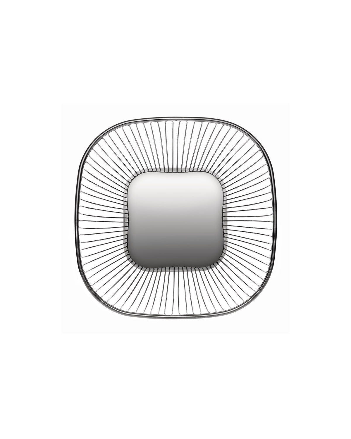 Silver metallic basket by Alessi with a radiating wire frame and rounded square design.