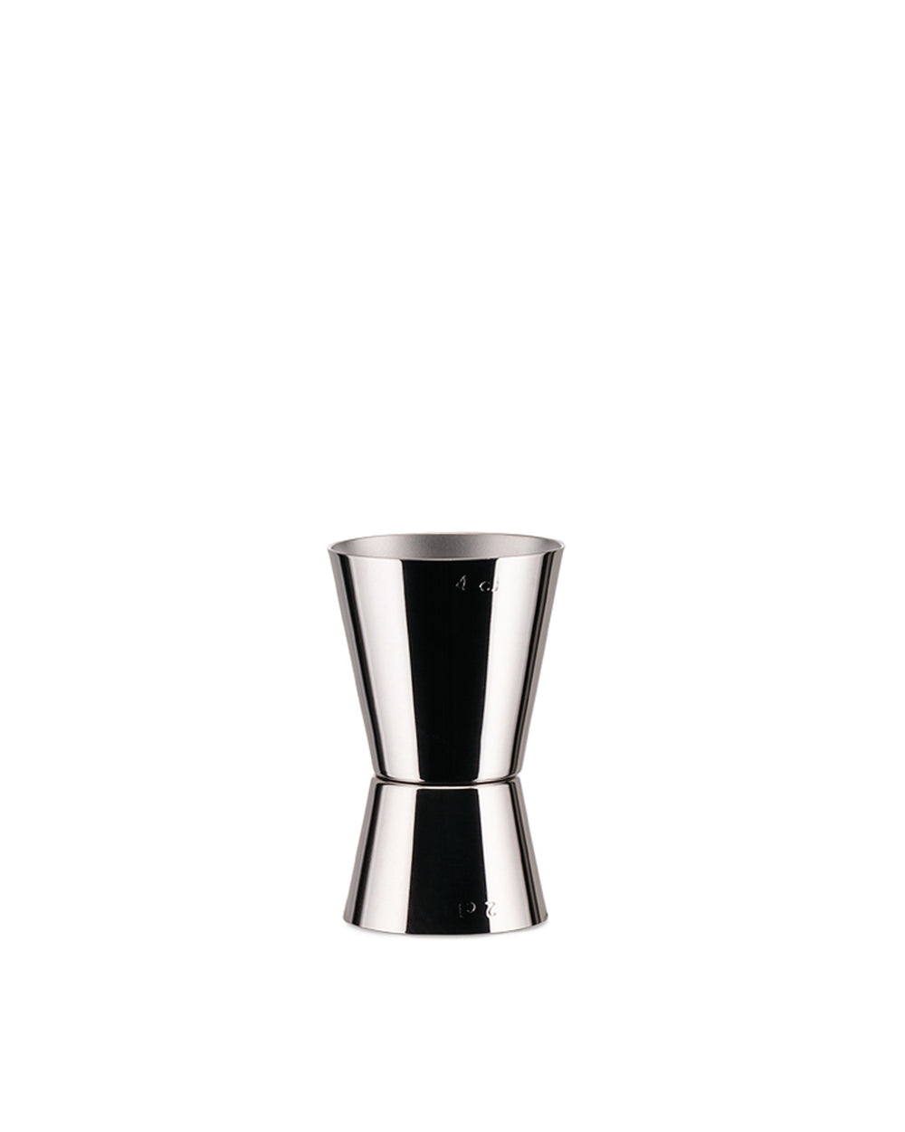 Silver stainless steel double jigger by Alessi with 4 cl and 2 cl markings on each side.