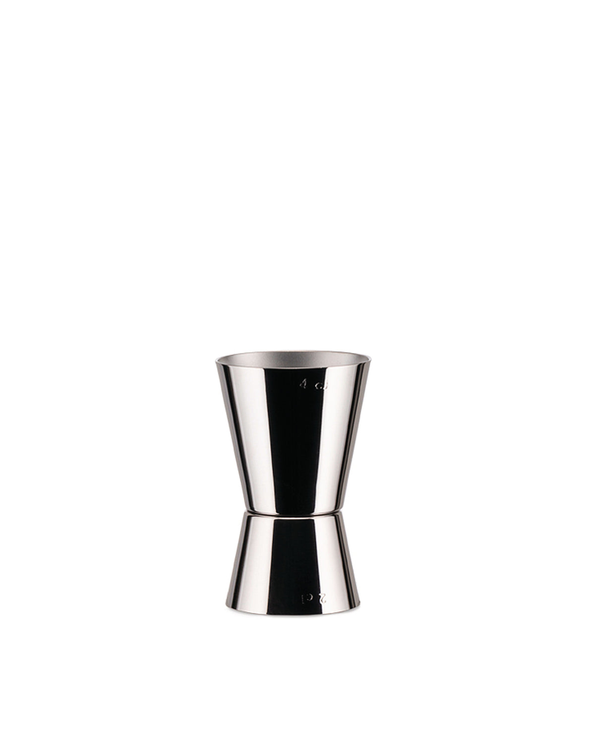 Silver stainless steel double jigger by Alessi with 4 cl and 2 cl markings on each side.