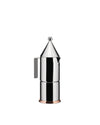 Polished stainless steel coffee maker by Alessi with a conical top and a copper base ring.