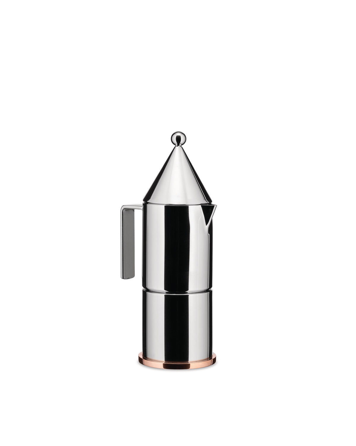 Polished stainless steel coffee maker by Alessi with a conical top and a copper base ring.