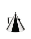 Polished chrome conical kettle by Alessi, featuring a pointed finial, sharp spout, and rectangular handle.