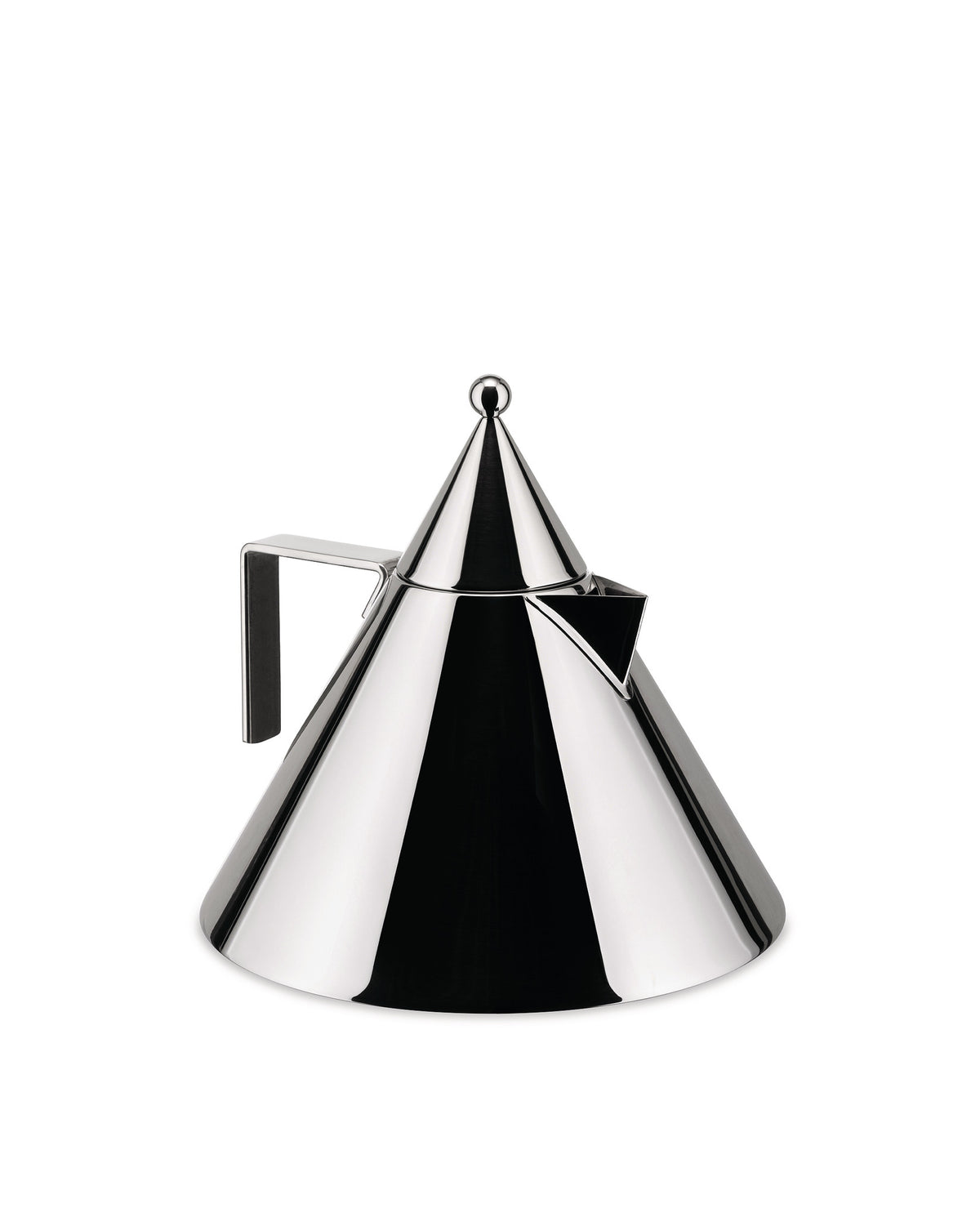 Polished chrome conical kettle by Alessi, featuring a pointed finial, sharp spout, and rectangular handle.