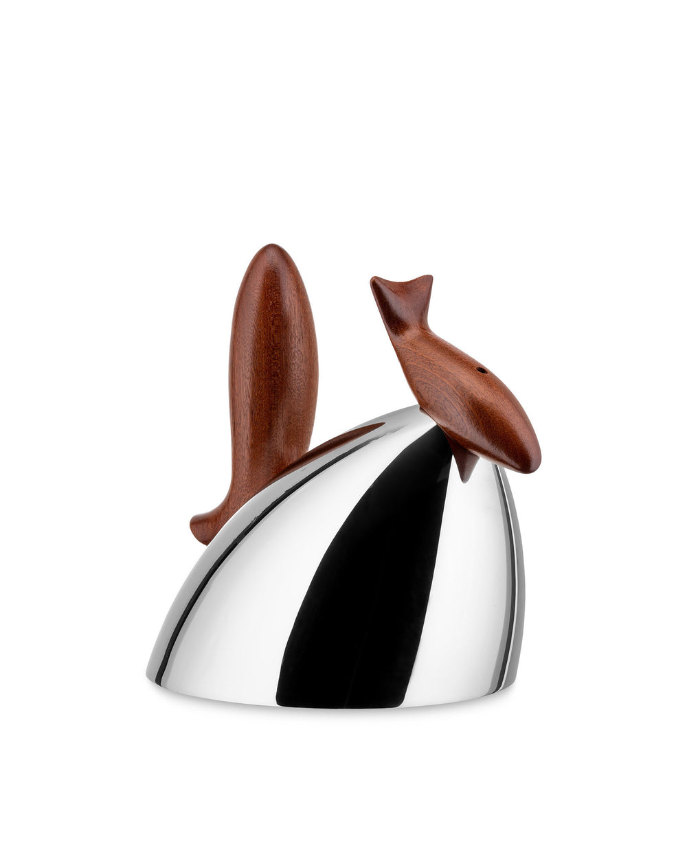 Silver metallic whistling kettle by Alessi with a wooden handle and a fish-shaped wooden whistle.