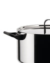 Stainless steel cooking pot by Alessi with a metal lid and black side handles, cropped view.