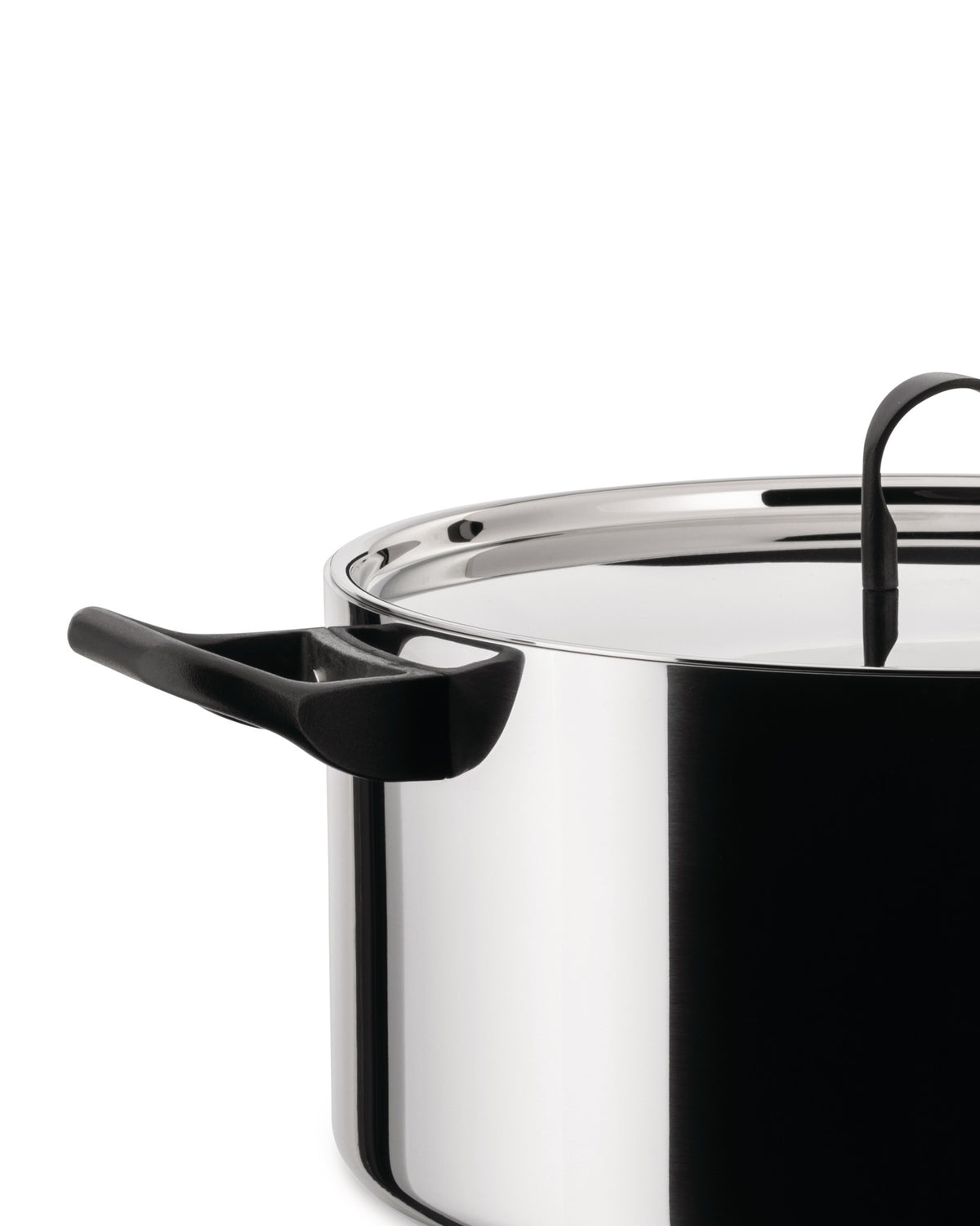 Stainless steel cooking pot by Alessi with a metal lid and black side handles, cropped view.
