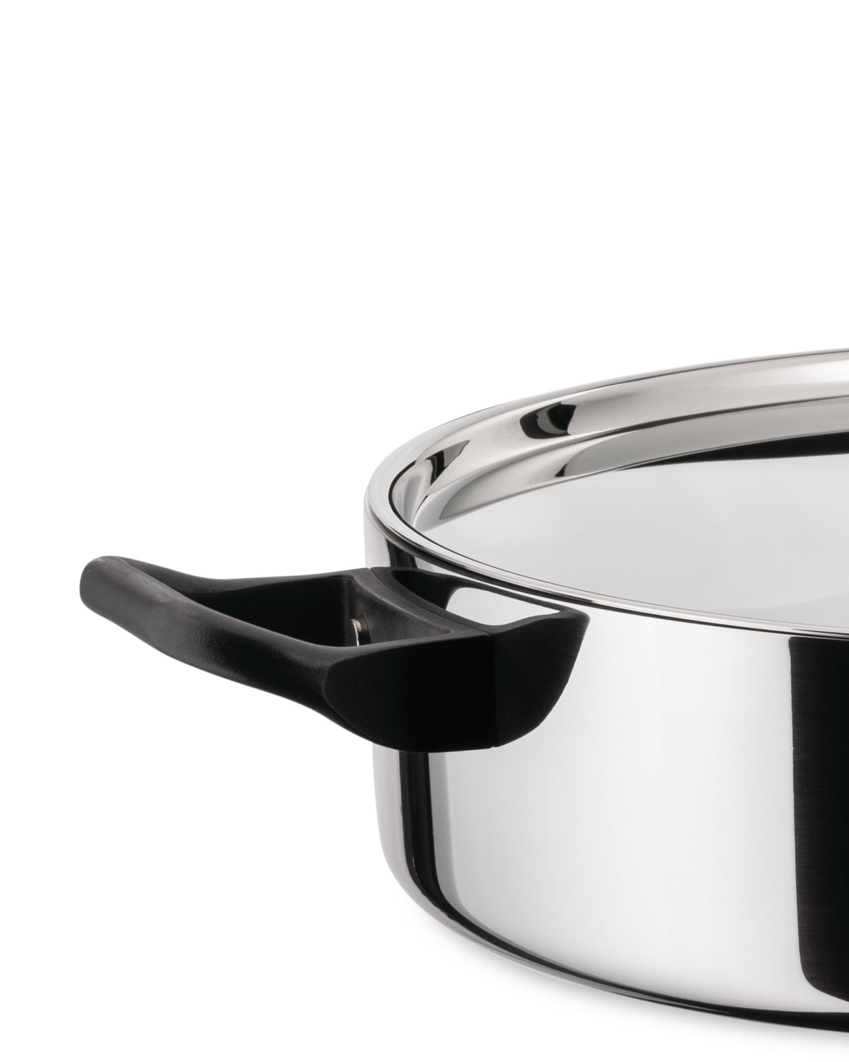Stainless steel cooking pot with lid by Alessi, featuring a glossy finish and a black side handle, cropped view.