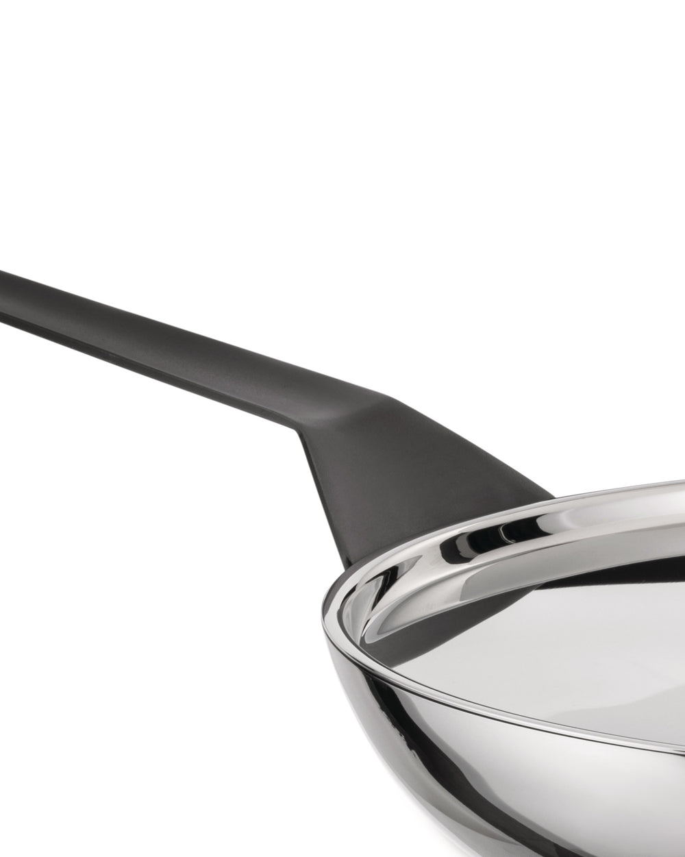 Stainless steel frying pan with black handle by Alessi, showing its highly polished, reflective interior.