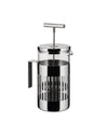 Chrome-plated French press coffee maker with clear glass by Alessi, featuring a perforated metal cage and T-shaped plunger handle.