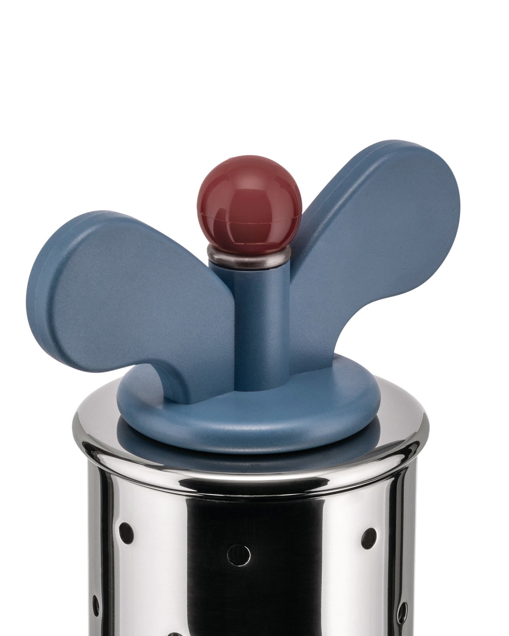Perforated stainless steel kitchen infuser by Alessi with a blue butterfly-shaped handle and red spherical knob.