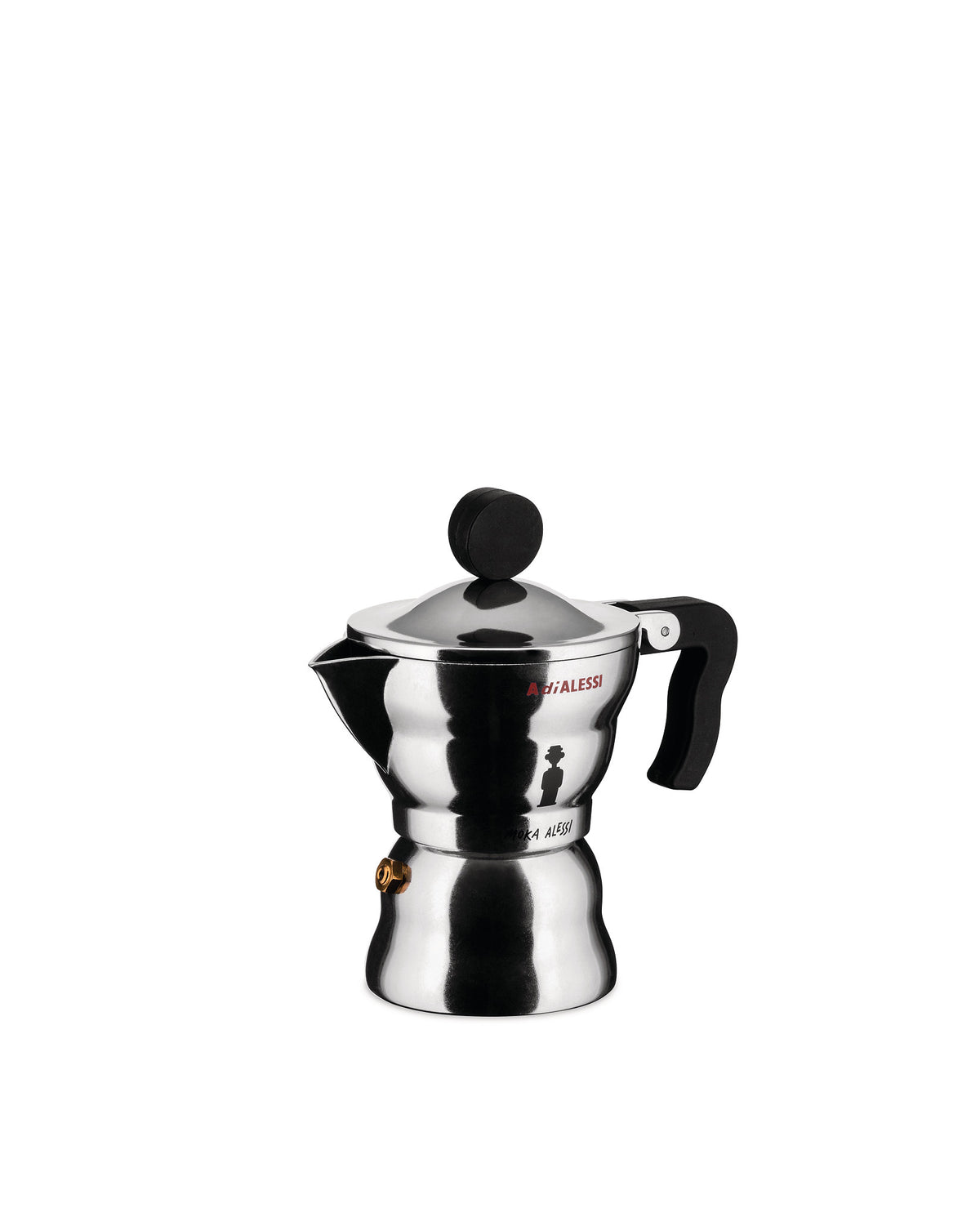 Shiny stainless steel moka pot by Alessi with black handle, knob, and a distinctive man silhouette on the side.