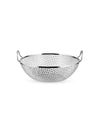Silver metal mesh fruit bowl by Alessi, with a shallow, wide shape and two small loop handles.
