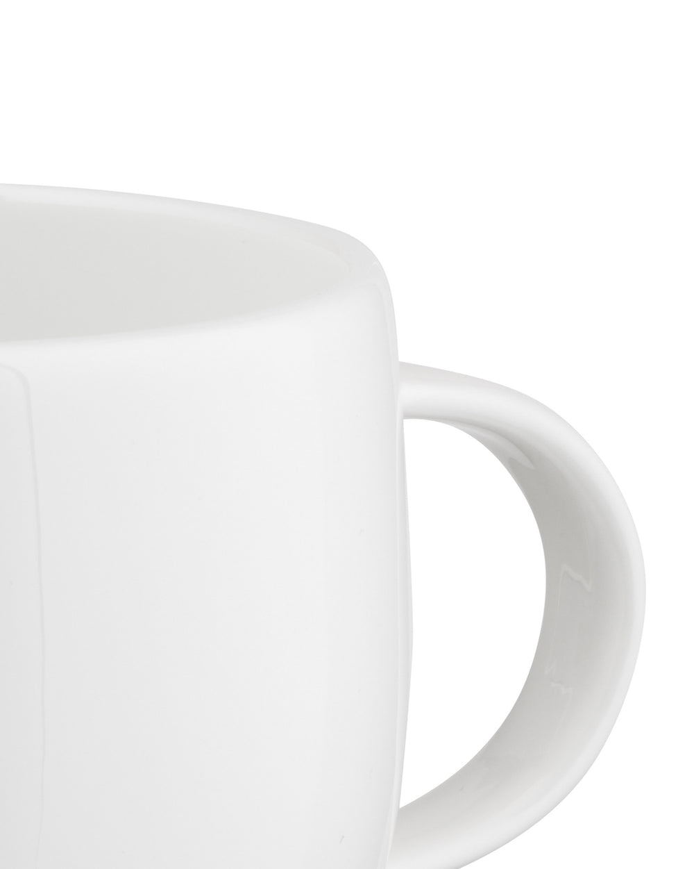 White mug by Alessi, a cropped view showing its handle and smooth surface.