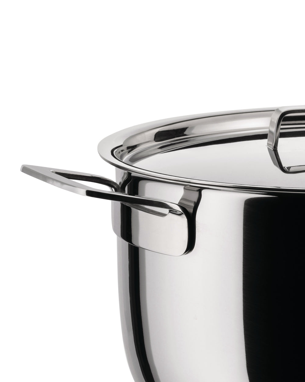Shiny stainless steel pot by Alessi with sleek handles and a matching lid, cropped view.