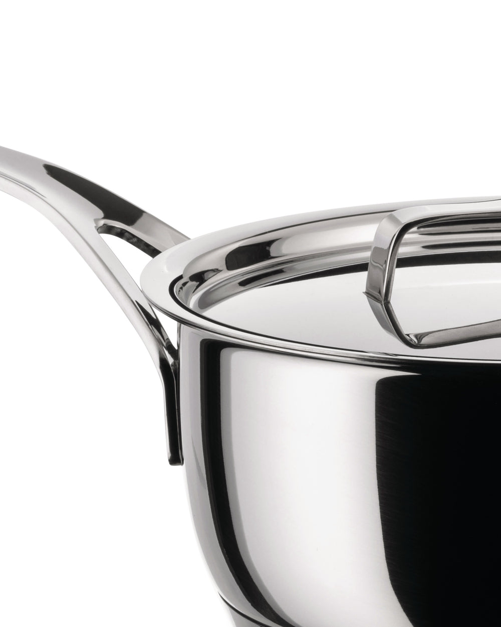 Polished stainless steel saucepan by Alessi with an ergonomic handle and matching lid with a loop handle.