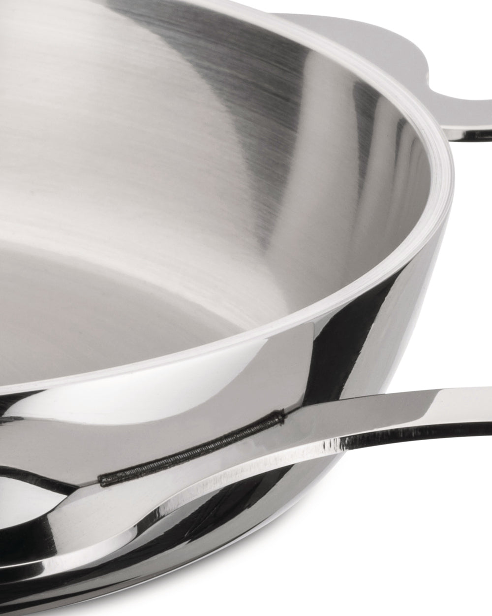 Stainless steel Tegamino pot by Alessi, close-up of the polished interior and attached handle with visible welds.