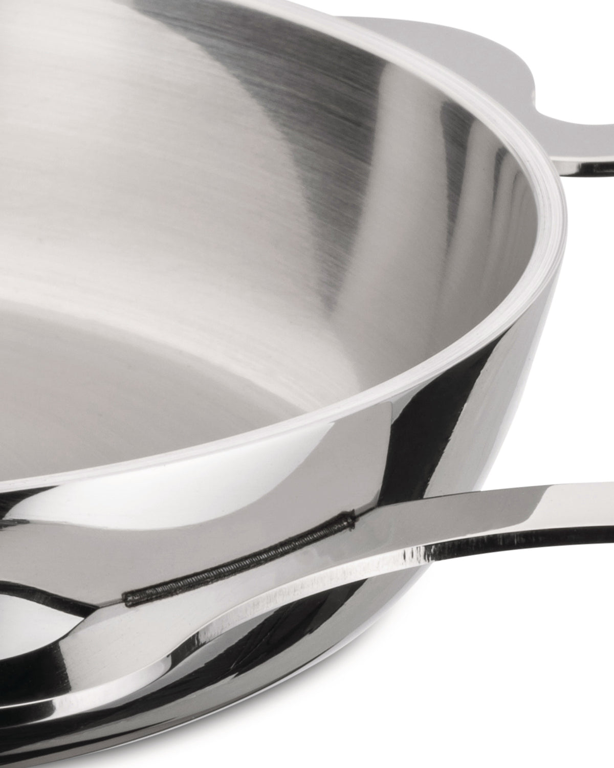 Stainless steel Tegamino pot by Alessi, close-up of the polished interior and attached handle with visible welds.