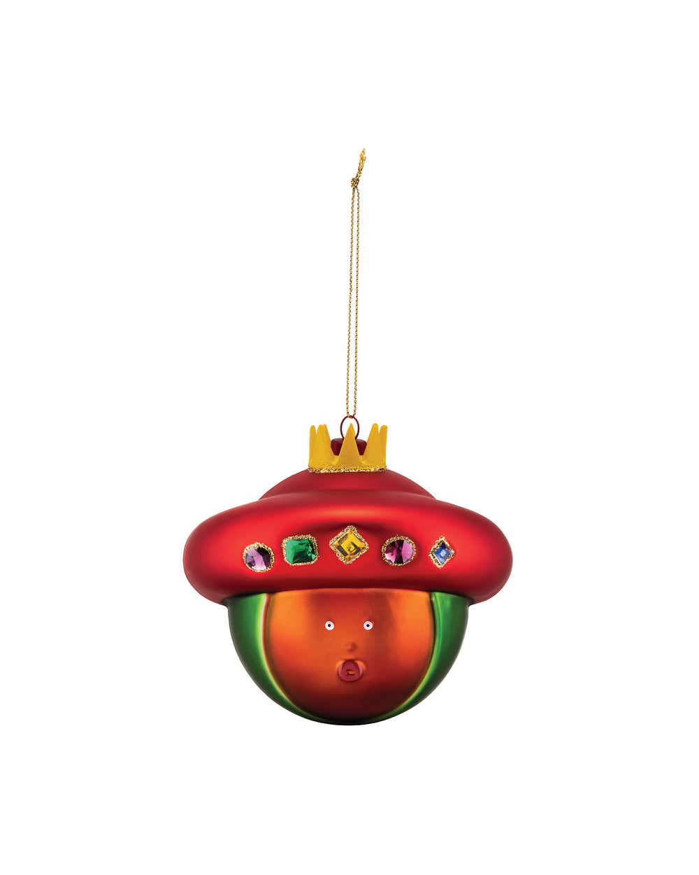 Colorful glass Christmas ornament by Alessi, with a red hat, gold crown, colorful jewels, and a surprised orange face.